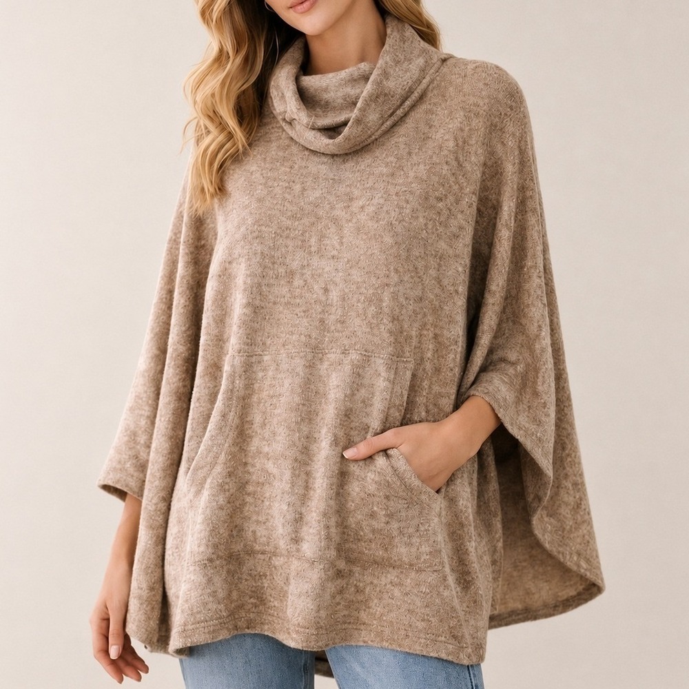 ZARA Beige Chenille Plush Oversized Cowl Neck Poncho Cape SZ Medium Minimalist